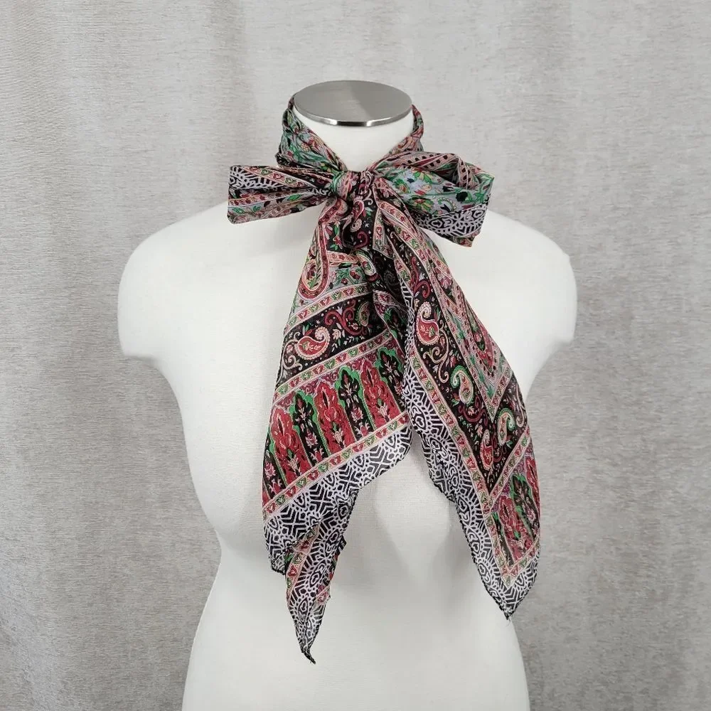 Silk Chiffon Red Green Paisley Patterned Scarf Head Wrap Belt